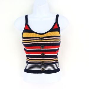 Almost Famous Cropped Tank Top Womens Size M Multicolor Striped Buttons Stretch‎
